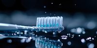 Wet toothbrush with water drops and reflection on dark background creates dramatic atmosphere for dental hygiene and oral care concept. Fresh clean bristles splash.