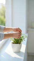 Woman hands gently touching fresh green herb plant in white pot on windowsill with natural sunlight streaming through window creating peaceful home atmosphere.