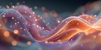 Abstract flowing waves of orange and purple light with glowing particles and bokeh effect on dark background, creating a magical atmospheric design element.