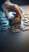 Businessman hand reaching for wooden block with LEADS text surrounded by marketing icons representing lead generation and customer acquisition strategies.