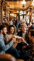 Diverse group of friends toasting with beer glasses in cozy pub with warm lighting and string lights creating festive atmosphere for social gathering.