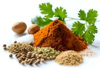 Vibrant turmeric powder mound with assorted spices, herbs, and nutmeg on white background, showcasing culinary ingredients for cooking and seasoning.