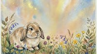 Adorable rabbit sitting among wildflowers and blooming plants in soft watercolor style, perfect for children's books, nursery decor, and greeting cards.