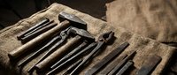 Vintage woodworking tools arranged on burlap fabric creating rustic workshop atmosphere for craftsmanship and traditional carpentry projects.
