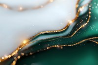 Abstract emerald green and white marble background with flowing golden glitter lines and bokeh light effects creating luxurious fluid art pattern.