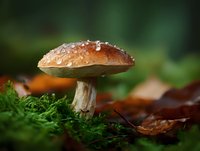 Brown mushroom with water droplets growing on forest floor with moss and autumn leaves, captured in soft natural light.