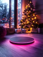 Glowing neon product display platform with Christmas tree and gifts in background, creating cozy winter holiday atmosphere through window at dusk.