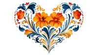 Decorative heart shape formed by orange hibiscus flowers and navy blue flourishes in folk art style on white background, isolated design element for crafts.