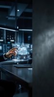 Businessman touching a glowing holographic cloud computing interface in a dark server room, representing digital transformation and data management.