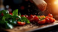 Fresh cherry tomatoes and basil leaves on dark wooden surface with falling spices and dramatic lighting, creating appetizing culinary atmosphere for food photography.