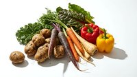 Fresh organic root vegetables and colorful bell peppers arranged on white background, featuring carrots, potatoes, beets and leafy greens for healthy cooking.