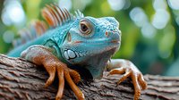 Close up portrait of blue iguana with orange legs resting on tree branch against blurred green bokeh background, showing detailed scales and eye. Wildlife photography.