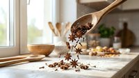 Star anise spices falling from a wooden spoon onto a kitchen counter, with flour dust and scattered spices in a bright cooking space.