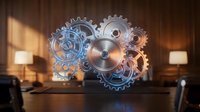 Transparent mechanical gears floating above modern office desk with warm lighting, symbolizing business automation and workflow optimization processes.