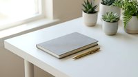 Minimalist workspace with stacked notebooks and small potted succulents on clean white desk near bright window for productivity and organization.