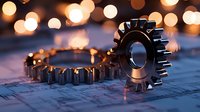 Metal cogwheels on technical drawing with soft bokeh lights in background creating industrial atmosphere. Engineering and mechanical concept for business design.