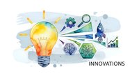 Creative lightbulb with innovation icons including rocket, gears, charts and hexagonal patterns on watercolor background for business presentations.