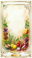 Elegant culinary frame with fresh herbs, vegetables, and fruits arranged at bottom, featuring gold ornamental borders and decorative flourishes on cream background, suitable for recipe cards, menus, and food-related designs.