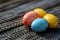 Colorful speckled Easter eggs in orange, blue, and yellow arranged on rustic wooden surface with soft natural lighting and selective focus for holiday celebrations.