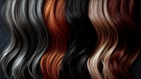 Flowing wavy hair strands in various colors including silver gray, copper red, black and brown tones creating natural texture pattern for beauty salon concepts.