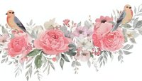 Watercolor floral composition with pink roses, delicate blossoms, and small birds perched on elegant botanical arrangement against white background.