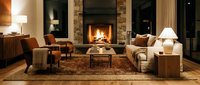 Warm living room with fireplace, comfortable seating, and ambient lighting for interior design and home decor projects.