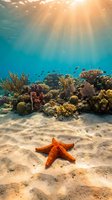 Vibrant coral reef ecosystem with orange starfish on sandy ocean floor, sunbeams filtering through crystal clear tropical waters creating magical underwater scene.