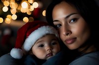 Young African American mother and baby wearing Santa hat share tender moment against warm bokeh lights background during holiday season.