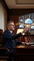 Senior Caucasian businessman in suit interacting with holographic cloud computing interface at wooden desk in luxury office with warm lighting.