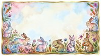 Watercolor rabbits and bunnies with spring flowers and plants arranged in decorative border frame on isolated white background, suitable for Easter cards, children's designs, and seasonal projects.