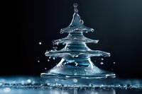 Water splash forming elegant Christmas tree shape with multiple tiers and droplets against dark background, frozen in high-speed photography.