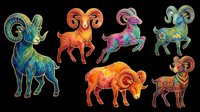 Colorful ornamental ram and goat characters with decorative horns and patterns, isolated on transparent background. Ready for t-shirt design, clipart, stickers, sublimation, and print-on-demand projects.