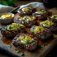 Grilled beef steaks topped with melted herb butter and fresh parsley on wooden cutting board, moody dark food photography with selective focus.