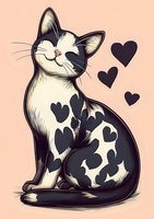 Cute cartoon cat with heart-shaped spots sitting on peach background, smiling with closed eyes, surrounded by floating heart shapes.