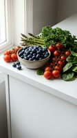 Fresh organic vegetables and blueberries arranged on white kitchen counter including kale, asparagus, cherry tomatoes, spinach for healthy cooking and nutrition.