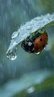 Red ladybug clinging to wet branch during rainfall with water droplets, suitable for nature, weather, and macro photography projects.