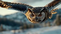 Great horned owl in flight with wings spread wide against winter landscape, dramatic close-up of fierce predator bird face showing distinctive ear tufts and intense eyes.