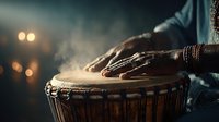 African drummer playing traditional djembe drum with hands creating rhythmic beats in atmospheric lighting with smoke and warm bokeh background.