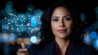 Professional Hispanic businesswoman with curly hair in dark suit against blurred city lights background at night for corporate and business presentations.