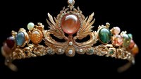 Ornate golden tiara with gemstone accents including red carnelian, green jade, and pearl details on black background, isolated for design use.