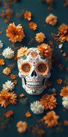 Mexican sugar skull decorated with floral patterns surrounded by orange and white chrysanthemums on dark teal background, celebrating Day of the Dead tradition.
