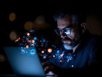 Mature bearded man in glasses working on laptop at night with glowing digital network visualization, cybersecurity and data analysis concept.