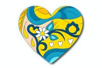 Decorative heart shape with floral pattern in yellow and turquoise colors featuring swirls, daisy flower and small hearts on isolated white background.