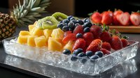 Fresh fruit platter with colorful berries, tropical pineapple, kiwi and strawberries arranged on ice for healthy catering and party appetizers.