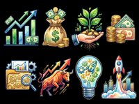 Finance and investment icon set isolated on transparent background. Includes growth chart, money bag, plant in hand, coins, bull, rocket, and light bulb. Ready for stickers, clipart, and t-shirt design.