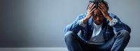 Young African American man in denim jacket sitting on floor against wall, holding head in hands, showing signs of depression, anxiety and emotional distress.