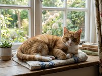 Ginger tabby cat resting on a knitted blanket by a sunny cottage window with books and a succulent plant nearby.