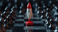 Retro rocket on chess board surrounded by black pawns, symbolizing business strategy, innovation and leadership in competitive market environment.