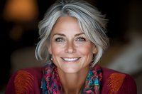 Confident mature woman with silver gray hair and bright smile wearing red sweater and colorful scarf, representing positive aging and vitality.