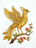 Golden ornamental bird perched on flowering branch with pink blossoms, isolated on white background, suitable for design, clipart, and decorative applications.